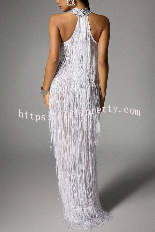 Glimmer Hour Shiny Layered Tassels Halter Cutout Neck Split Maxi Dress