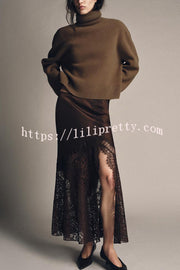 Cozy Sweet Darling Satin Lace Patchwork Mid Rise Slit Maxi Skirt