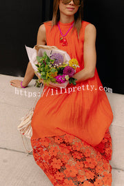 Breezy Comfort Tie-up Neck Sleeveless Floral Lace Hem Maxi Dress