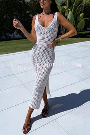 Solid Color V-neck Hollow Beach Knitted Cover-up Midi Dress