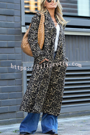 Leopard Affair Animal Print Epaulettes Long Sleeve Pocketed Lapel Midi Trench Coat