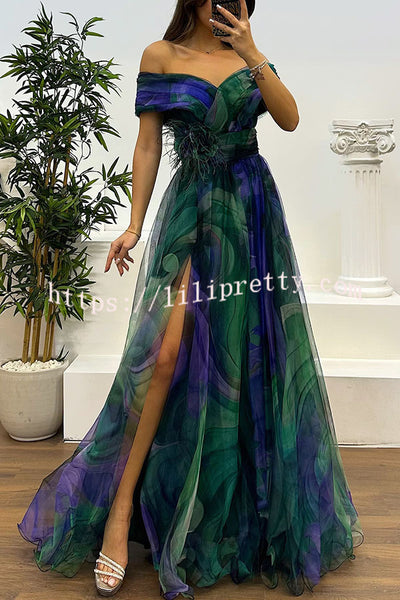 Jinnie Tulle Floral Feather Pendant Pleated Off Shoulder Slit Maxi Dress