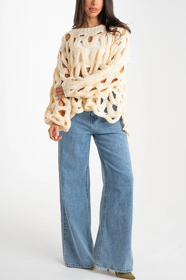 Solid Color Casual Hollow Long-sleeved Holiday Knitted Sweater