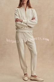 Ivory Marl Fleck Half-Zip Neck Long Sleeve Sweatshirt and Elastic Waist Pocket Jogger Set