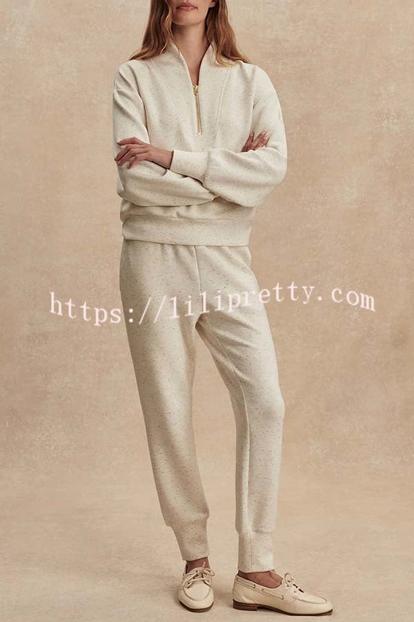 Ivory Marl Fleck Half-Zip Neck Long Sleeve Sweatshirt and Elastic Waist Pocket Jogger Set