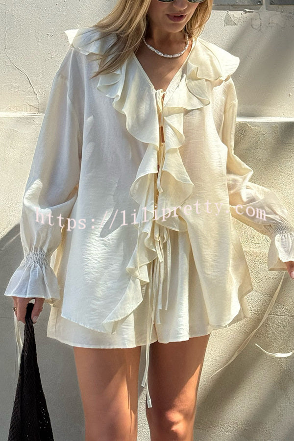 Solid Ruffled Lace-up Casual Top and Elastic Waisted Loose Pocket Shorts Set