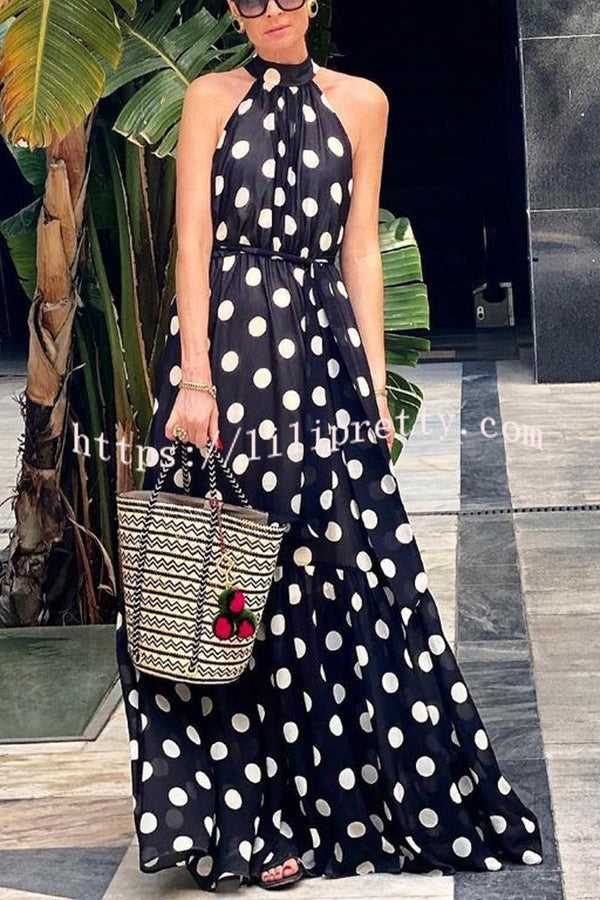 Charming Idea Polka Dots Belted Halter A-line Maxi Dress
