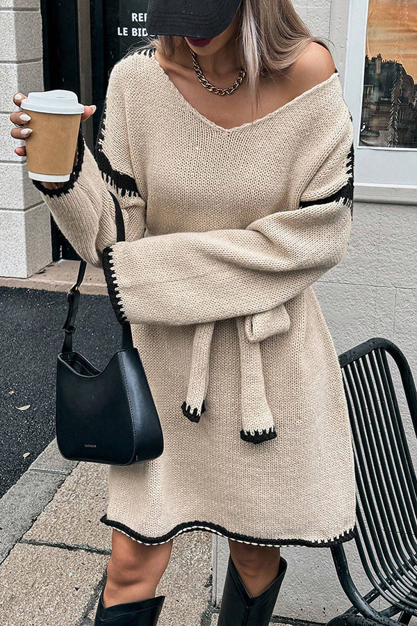 Stylish Loose-fitting Long-sleeved Tie-waist Knit Mini Dress