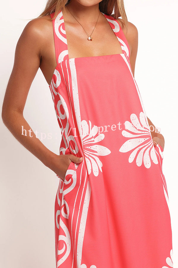 Unique Print Square Neck Open Back Tie Bow Holiday Maxi Dress
