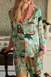 Coffee Cat Print Home Long Sleeve Two Piece Set