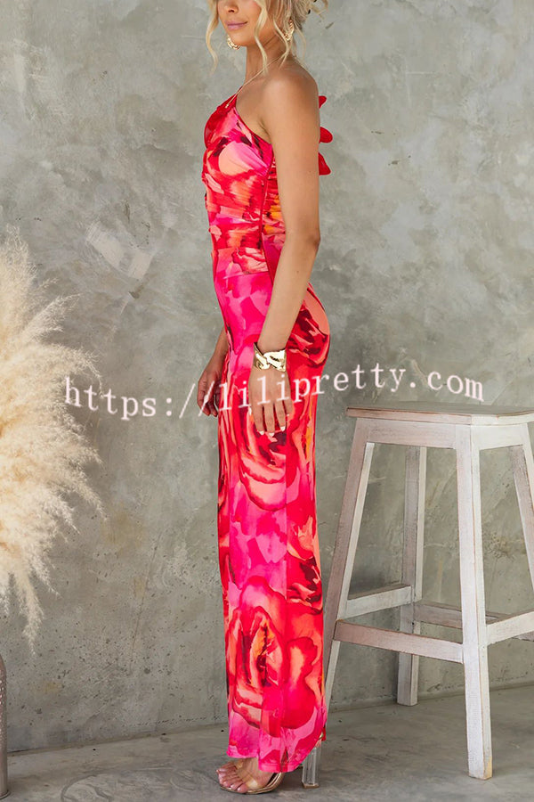 Floral Print Sleeveless 3D Flower One Shoulder Slim Maxi Dress