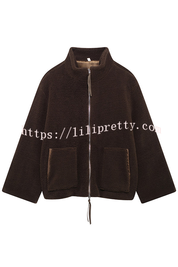 Solid Color Stitching High Collar Long Sleeve Loose Pocket Woolen Coat