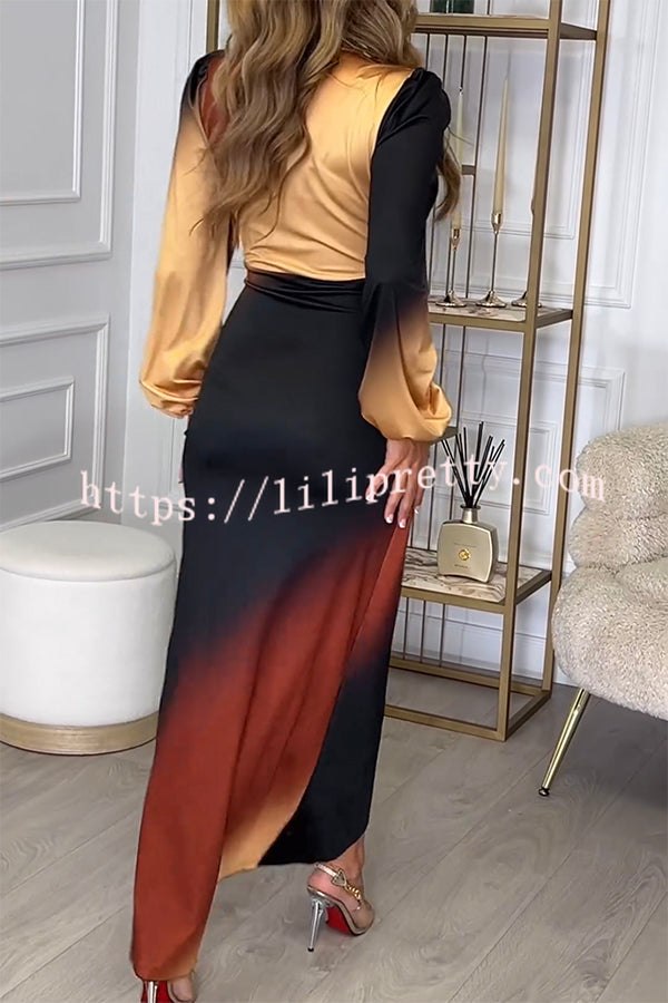 Romantic Sunset Gradient Print Ruched Balloon Sleeve Slit Maxi Dress