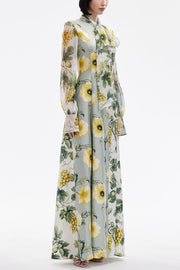 Floral Print Tie Neck Balloon Sleeves Elegant Maxi Dress