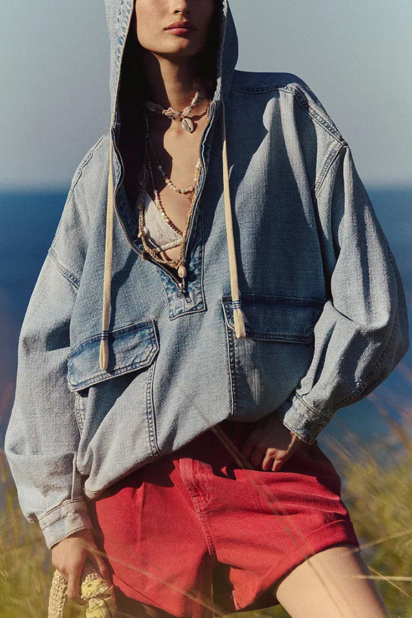 Fashion Loose Pocket Casual Denim Zipper Hoodie
