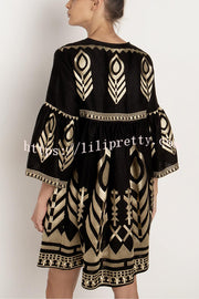 Unique Gold Printed V-neck Bell Sleeve Mini Dress