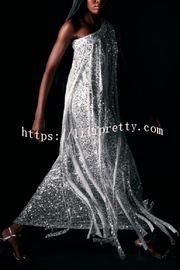 Holiday Muse Sequined Slit Tassels One Shoulder H-line Maxi Dress