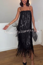 Chic Celebration Layered Sequined Tassels Slip Strapless H-line Midi Dress
