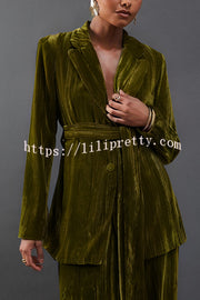 Solid Color Velvet Long-sleeved Waist Tie Top and Elastic Waist Casual Pocket Straight-leg Pants Set