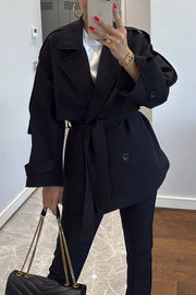 Modern Urban Dropped Shoulder Strap Button Detail Belted Lapel Loose Trench Coat