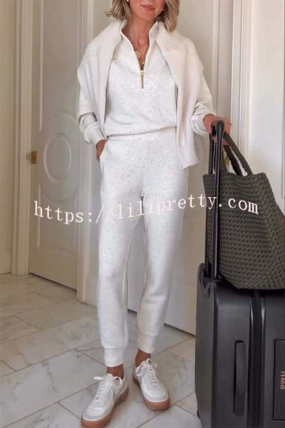 Ivory Marl Fleck Half-Zip Neck Long Sleeve Sweatshirt and Elastic Waist Pocket Jogger Set
