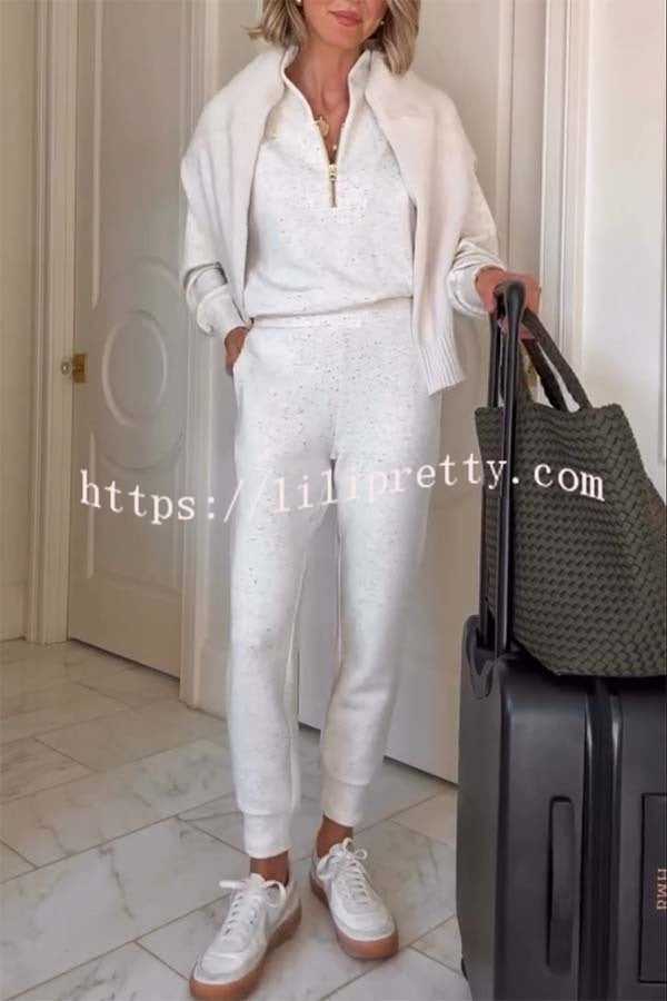 Ivory Marl Fleck Half-Zip Neck Long Sleeve Sweatshirt and Elastic Waist Pocket Jogger Set