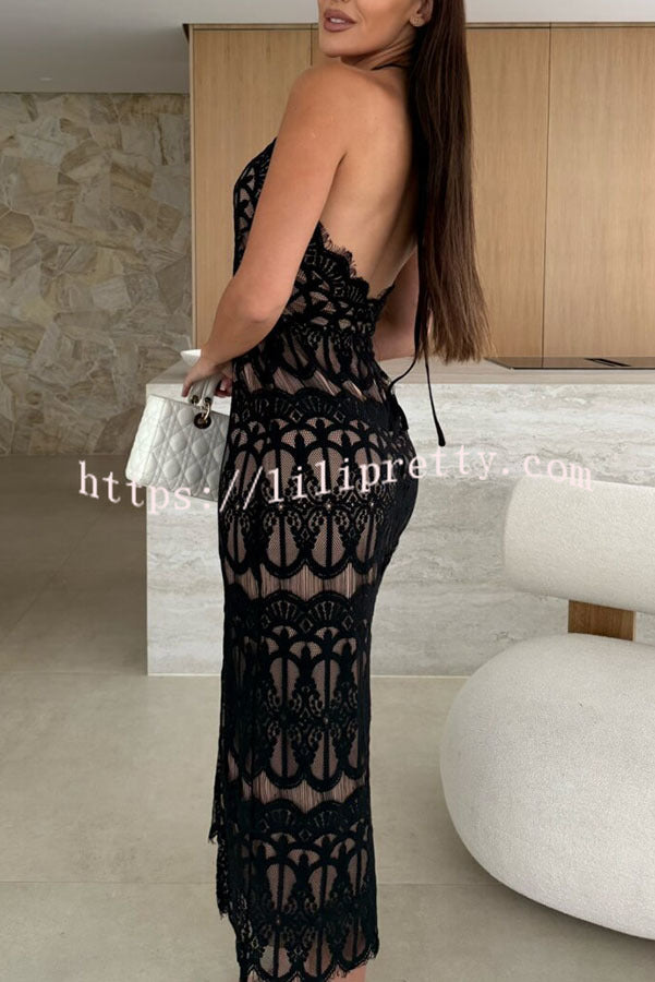 Paulette Unique Lace Halter Backless Slit Stretch Midi Dress