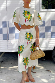 Parrot Print Round Neck Loose Crop Top and Elastic Waist Pocket Casual Midi Skirt Set