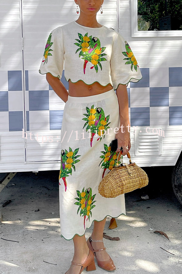 Parrot Print Round Neck Loose Crop Top and Elastic Waist Pocket Casual Midi Skirt Set