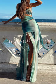 Soleil Mesh Printed Starfish Pendant Ruched Cutout Off Shoulder Maxi Dress