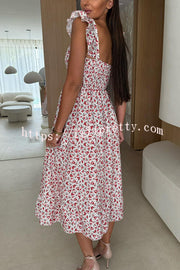 Floral Print Square Neck Pleated Back Midi Dress