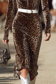 Leopard Print Lapel Long-sleeved Fitted Midi Dress