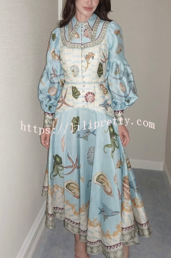 Ocean Print Lapel Button Waist Tie Resort Maxi Dress