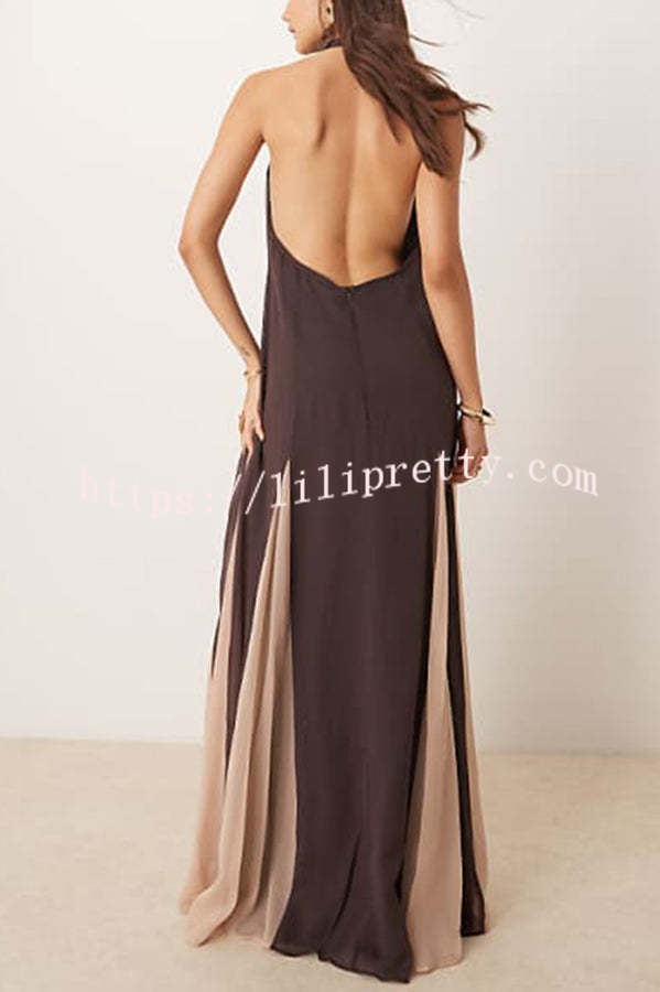 Fresh Horizons Panelled Tulle Halter A-line Maxi Dress