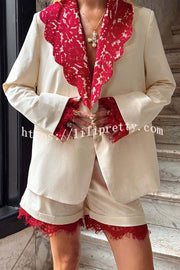 Love Letter Contrast Lace Detail Long Sleeve Wave Lapel Loose Blazer