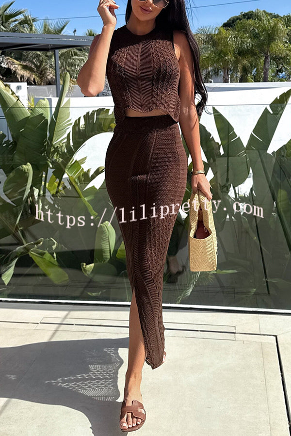 Solid Color Sleeveless Hollow Knit Crop Top and Elastic Slit Slim Midi Skirt Set