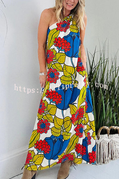 Floral Unique Printed One Shoulder Pocketed Loose Maxi Dress