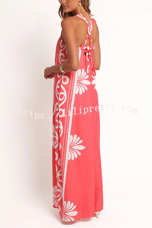 Unique Print Square Neck Open Back Tie Bow Holiday Maxi Dress