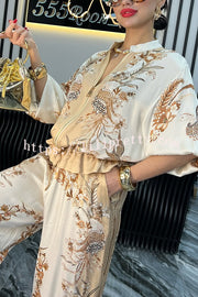 Unique Printed Casual Long-sleeved Loose Top and Elastic Waist Pocket Wide-leg Pants Set