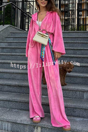 Velvet Casual Zip-up Hooded Top and Elastic Waist Wide Leg Pants Set