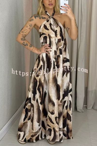 Leopard Print Sexy Halter Neck Backless Loose Maxi Dress