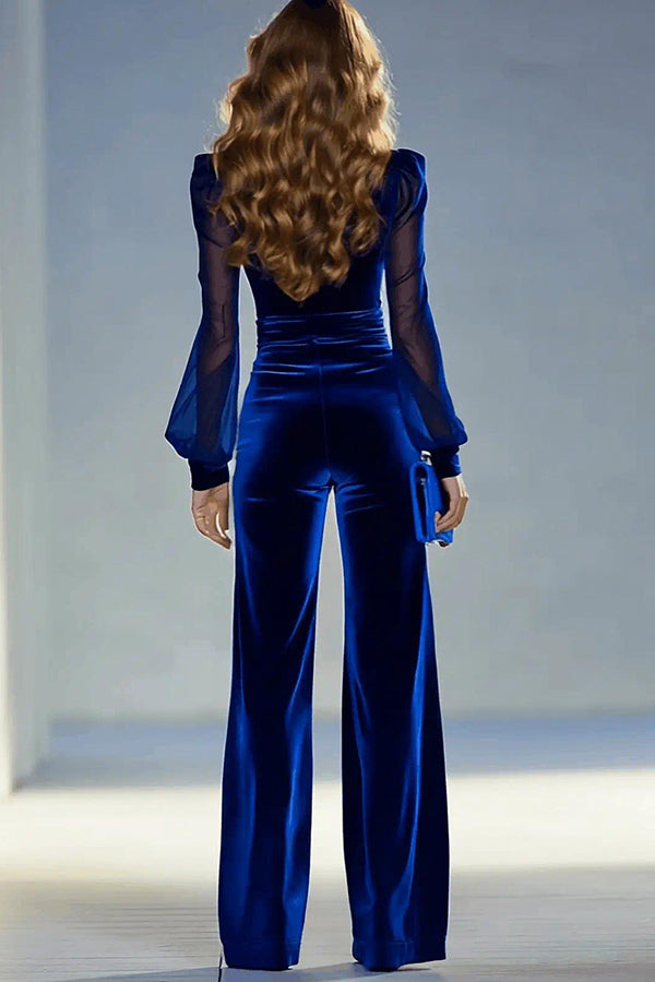 Solid Color Velvet V-neck Long-sleeved Elegant Fitted Jumpsuit