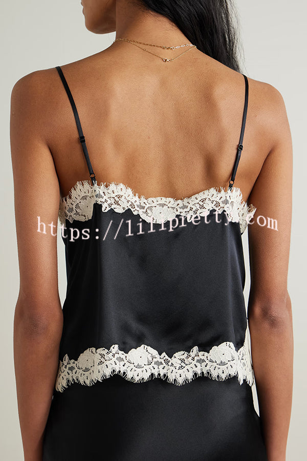 Celebration Look Contrast Color Satin Lace Trim V-Neck Slip Tank
