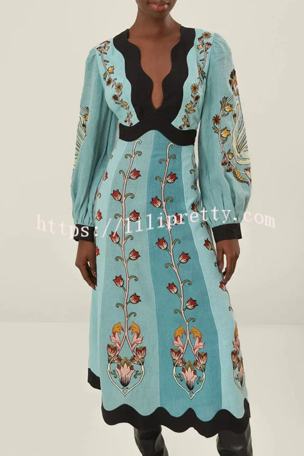 Flowing Beauty Linen Blend Floral Print Balloon Sleeve Open Back Midi Dress