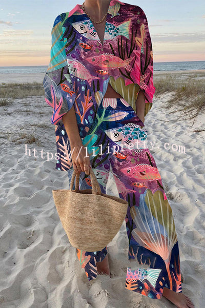 Ocean Fish Print Oversized Shirt and Elastic Waist Pocket Pants Set