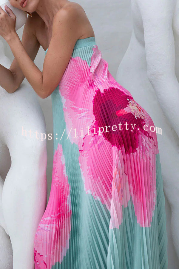 All about Her Pleated Floral Print Off Shoulder A-line Maxi Dress