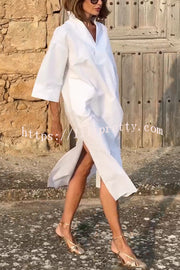 Solid Color V-neck Half-sleeve Loose Slit Midi Dress