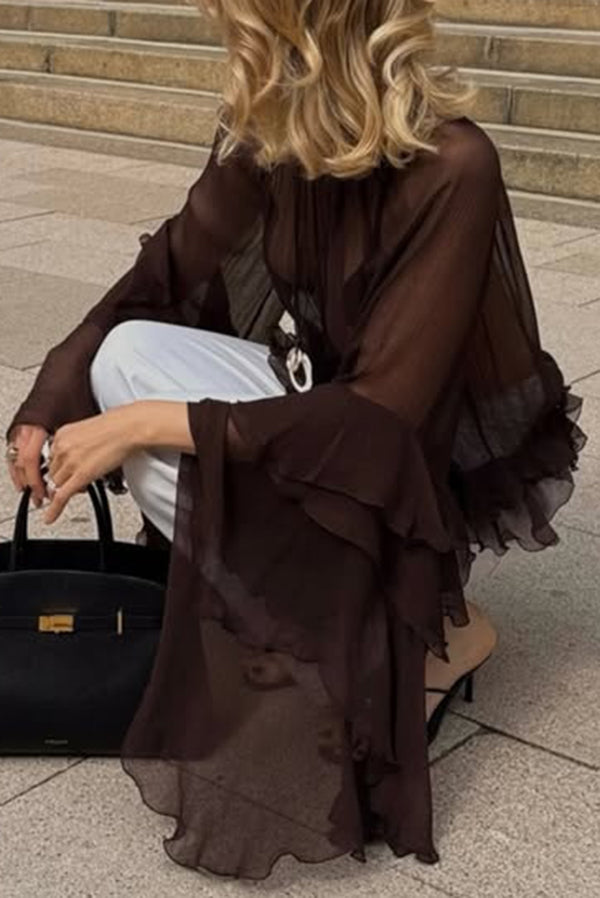 Solid Color Chiffon Elegant Bell Sleeve Loose Cover-up Top