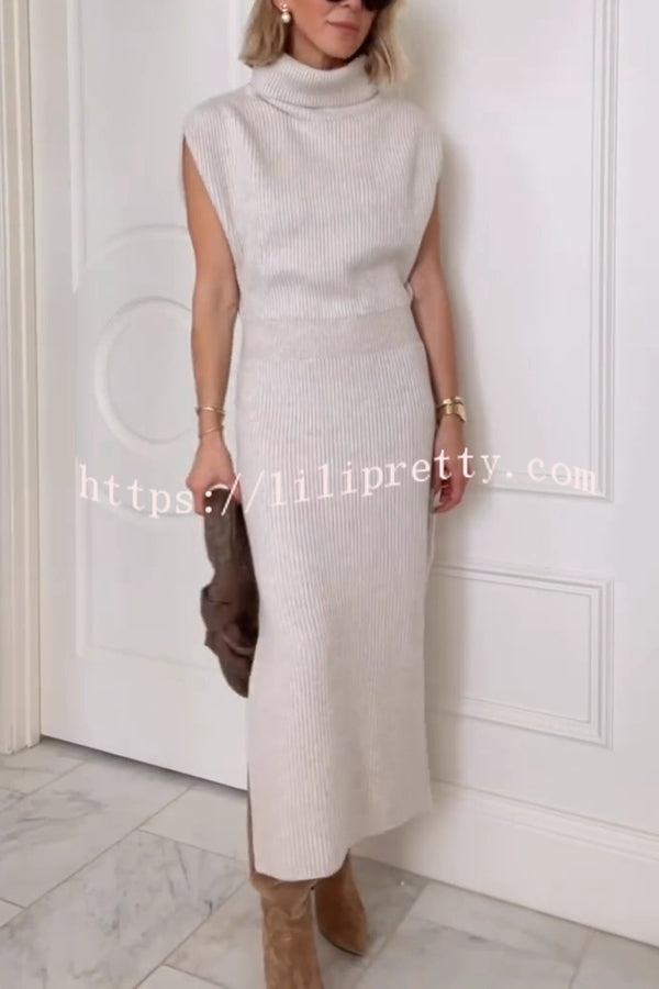 Solid Color Sleeveless Knitted Elegant Waist Midi Dress