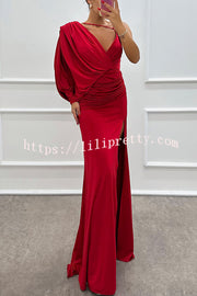 Like Venus One Shoulder Bat Sleeve Ruched Detail Slit Gown Maxi Dress